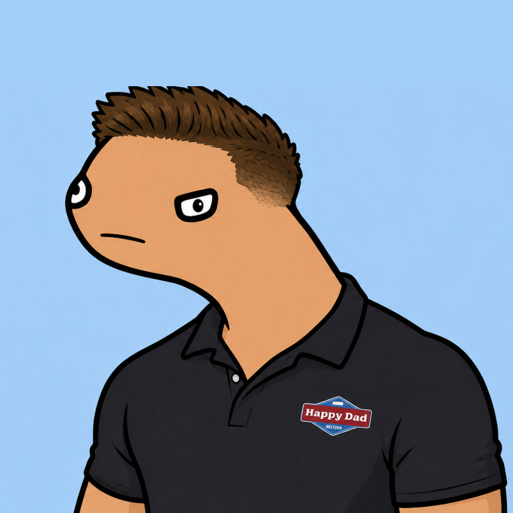Stove, the $STOVE character: a calm cartoon figure with spiky brown hair in a black Happy Dad polo shirt